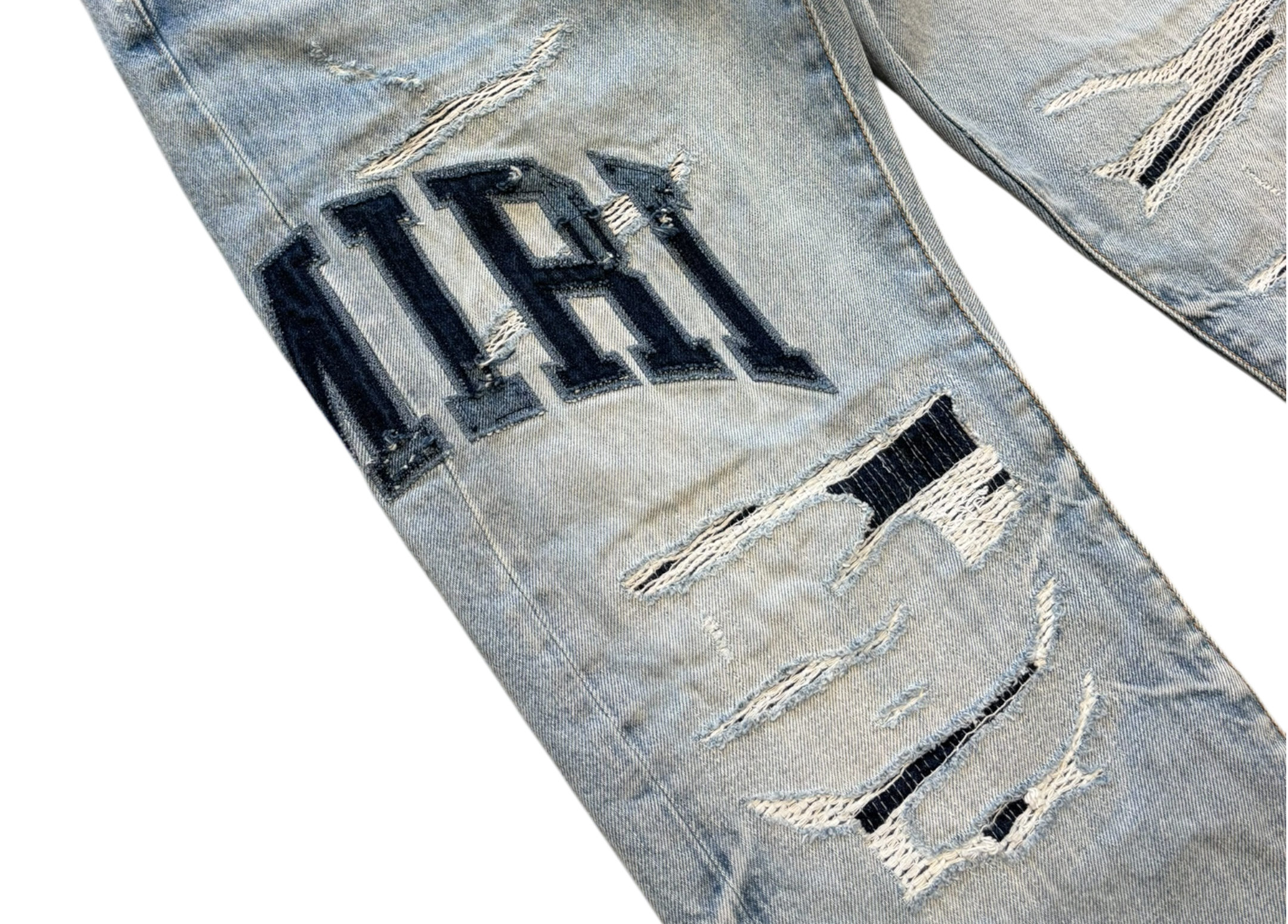 Amiri Denim Jeans Distressed Varsity Logo COND 9/10