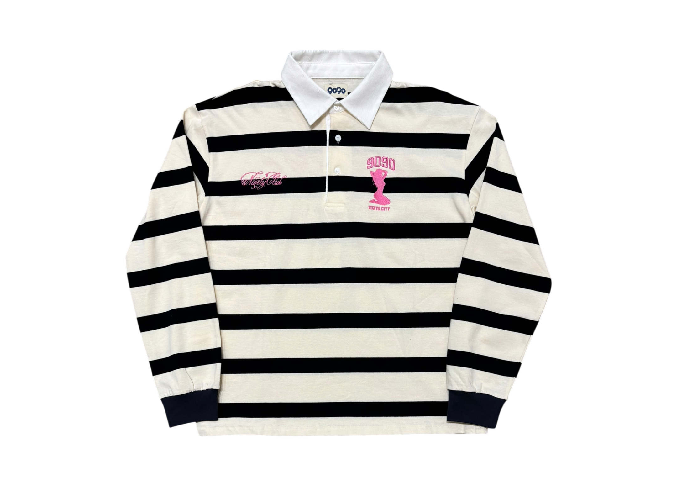 9090 Polo Shirt Rugby Striped White Black COND NEW