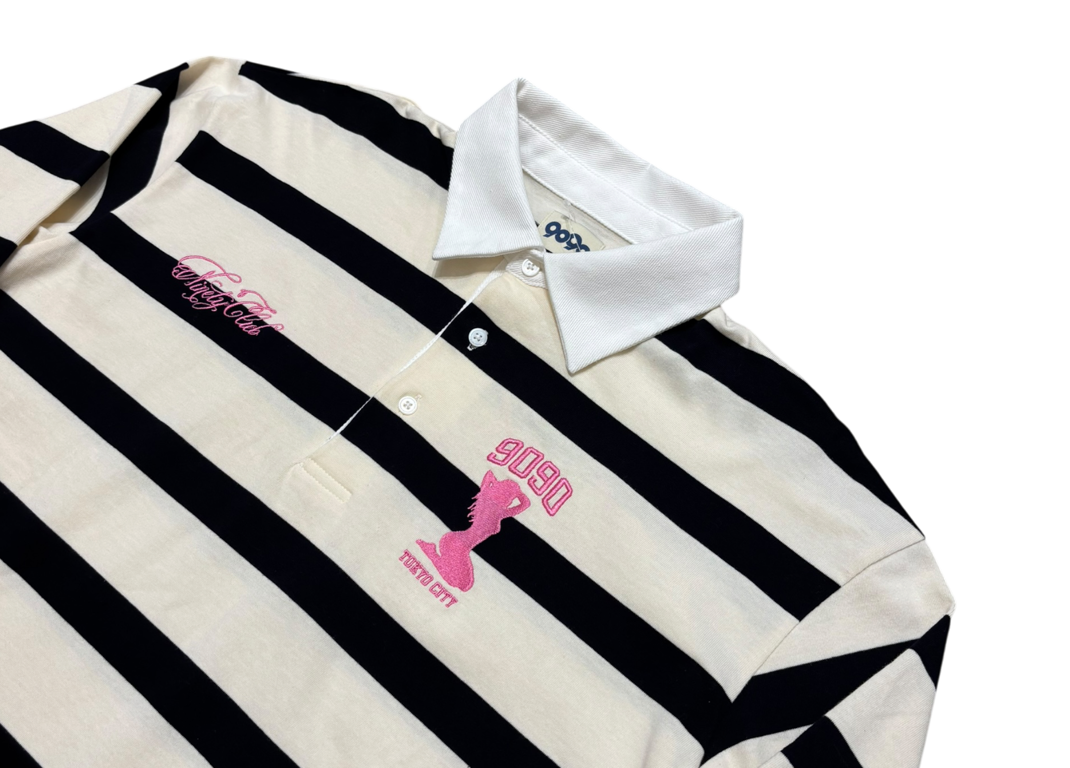 9090 Polo Shirt Rugby Striped White Black COND NEW