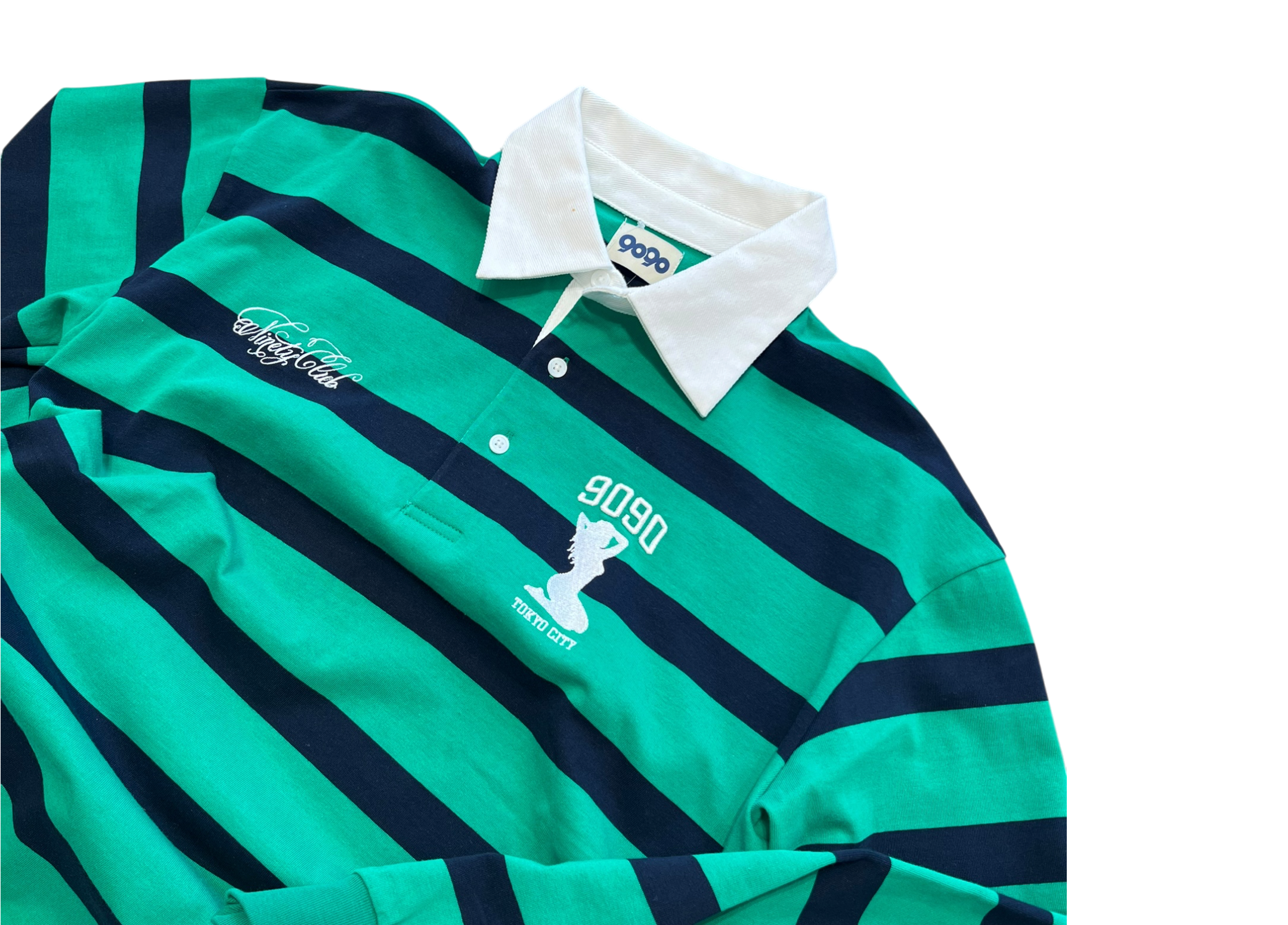 9090 Polo Shirt Rugby Striped Green Navy COND NEW