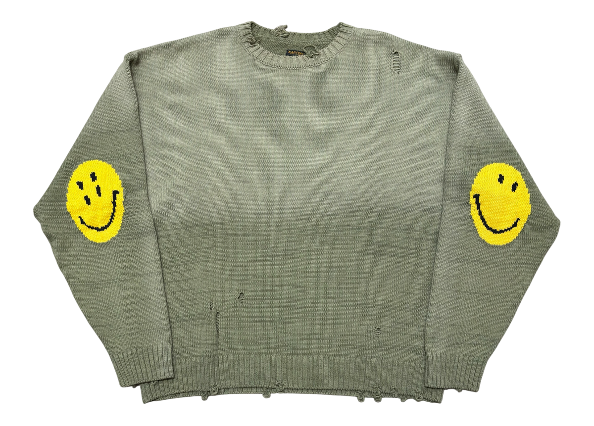 Kapital Sweater Smilie Patch Crew Olive Green