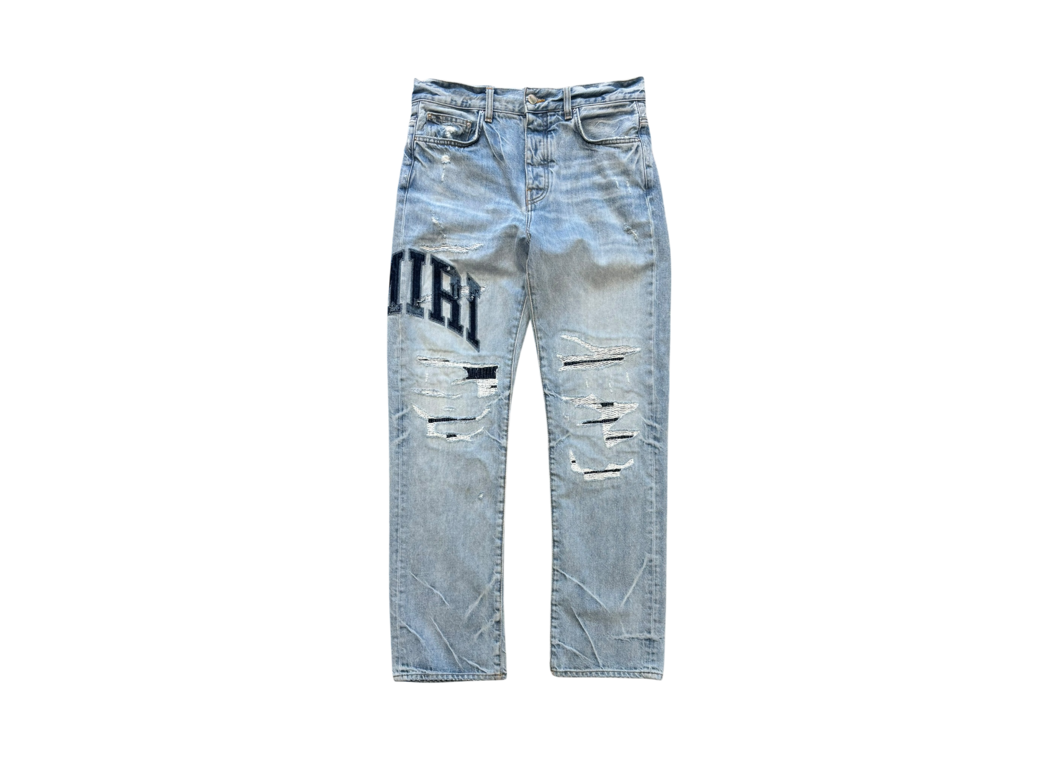 Amiri Denim Jeans Distressed Varsity Logo COND 9/10