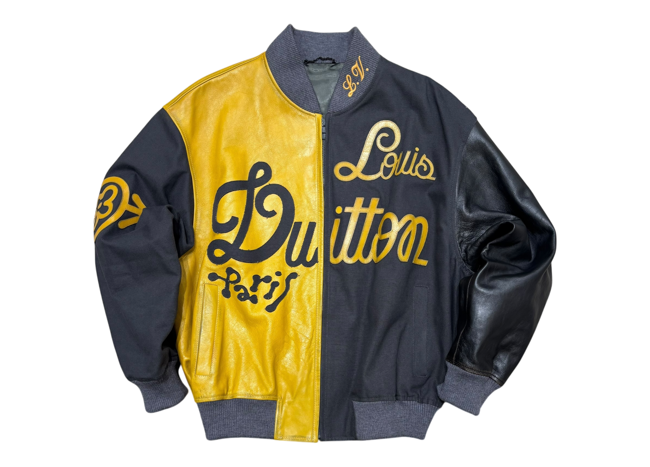 Louis Vuitton Zip Bomber Jacket Leather Canvas Yellow Grey COND 9.8/10